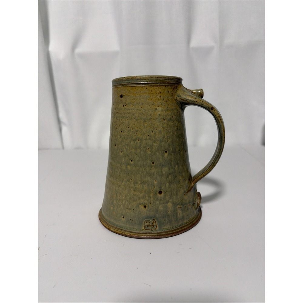 Studio Art Pottery Artist Stamped Hand Crafted 6.5in Coffee Mug Beer Stein Green